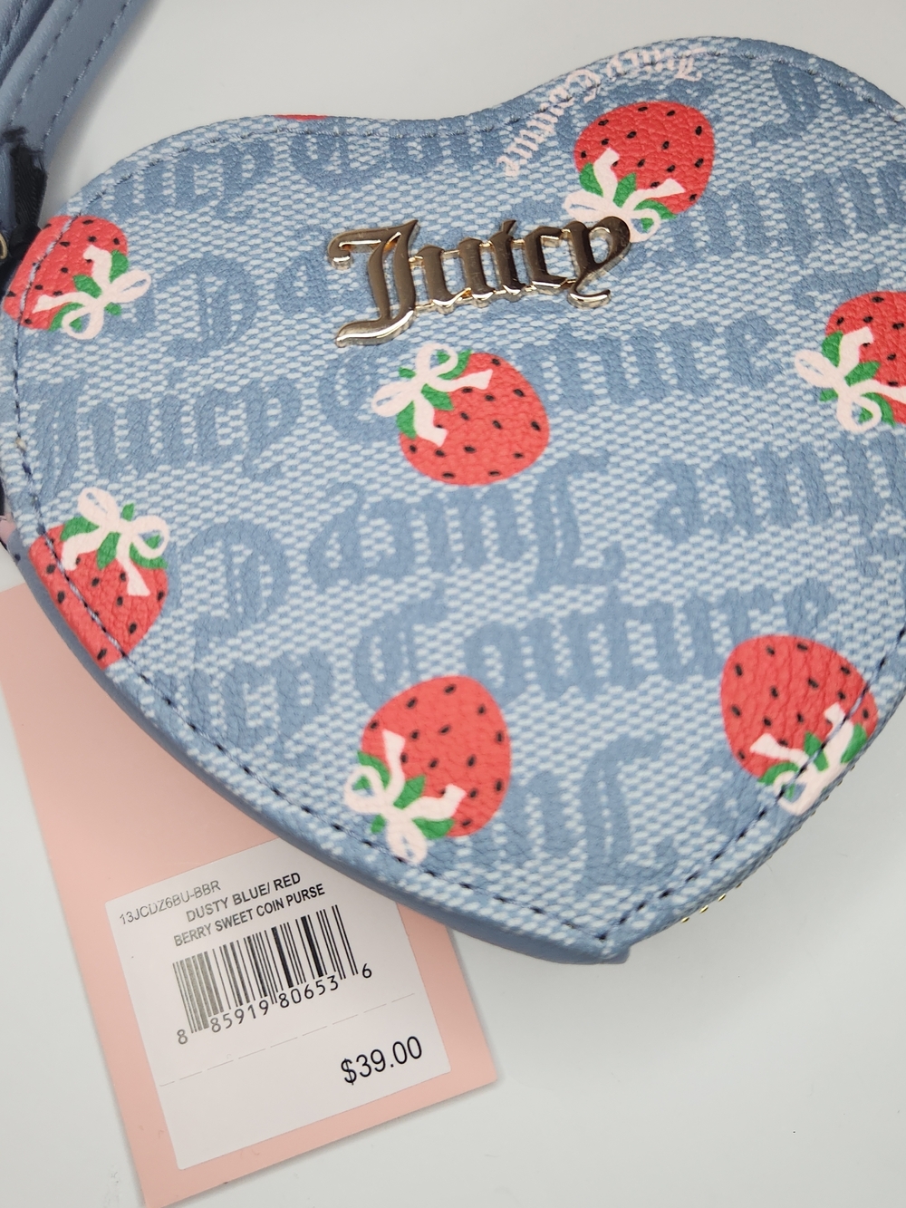 Juicy Couture Dusty Blue Strawberry Heart Coin Purse Only! New With Tags